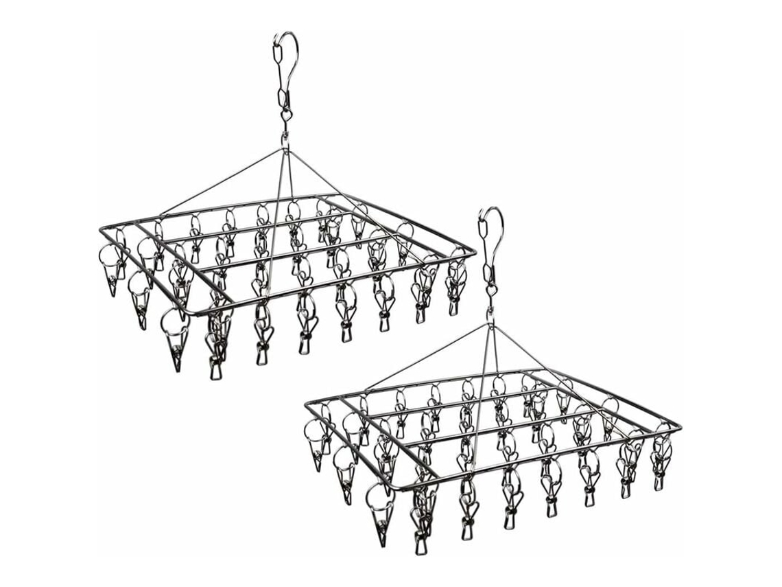 KOFIHETY Secadero de Acero Inoxidable para Calcetines con 36 Pinzas, Percha Duradera con Gancho Giratorio 360° y Gancho Antiviento para Calcetines, Sujetador, 