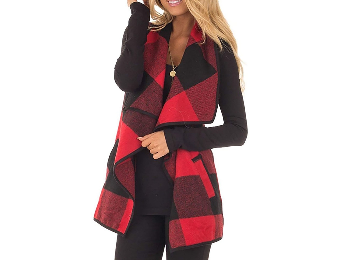 Chaqueta Sin Mangas De Poliéster Con Estampado, Bolsillos Y Solapa, Cardigan Para Mujer, Rojo Xxl, Fiestas Y Uso
