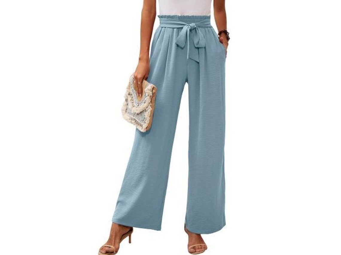 2026-pantalones De Descanso De Pierna Ancha Para Mujer Con Bolsillos Ligeros De Cintura Alta Ajustable Con Lazos L Azul