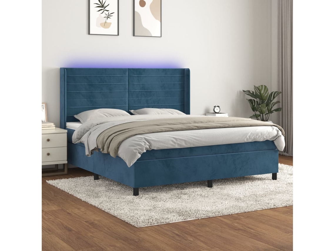 Cama Box Spring Colchón Y Led Terciopelo Azul Oscuro 160x200 Cm