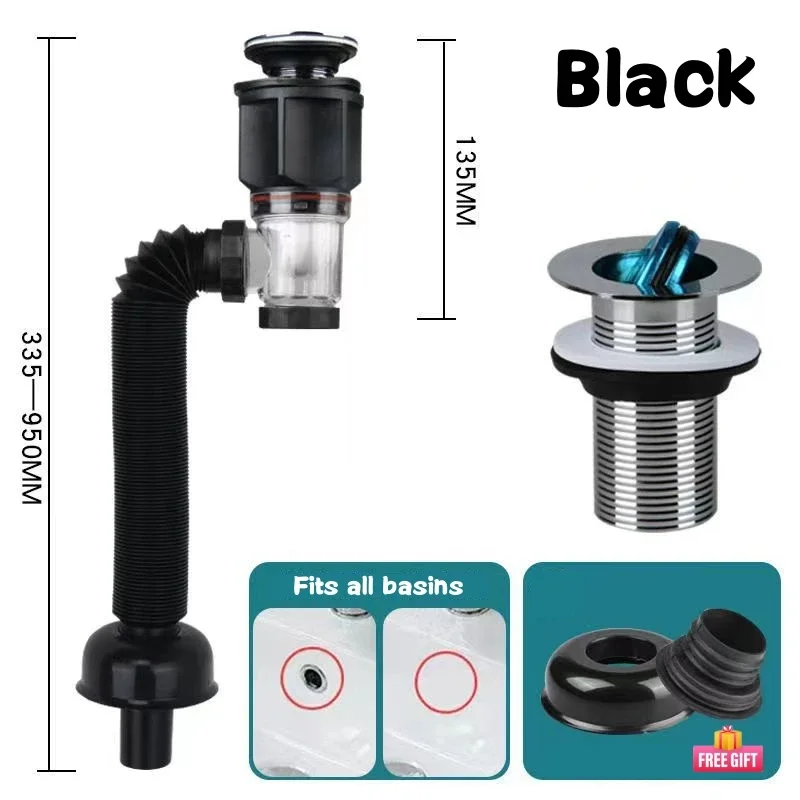 (negro) Juego De Tuberías De Desagüe Con Tapa Abatible, A Prueba De Olores, Retráctiles, Flexibles Y A Prueba De Obstrucciones.
