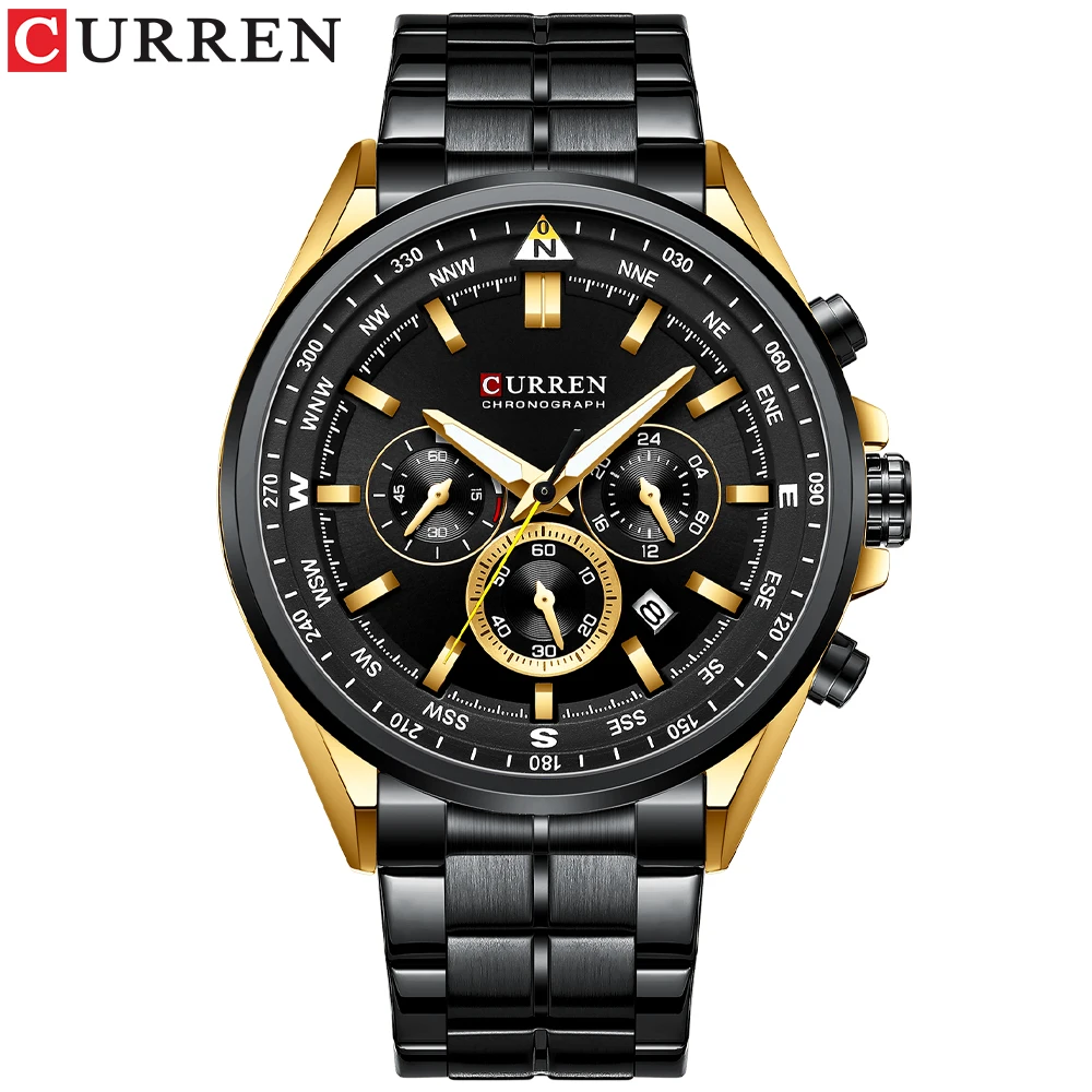 Reloj Deportivo De Moda Para Hombre, Negro, Resistente Al Agua, Totalmente De Acero Inoxidable, Cronógrafo.