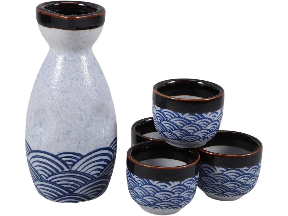 Juego De Sake De Cerámica Japonesa Con Diseño De Olas Marinas, 5 Piezas