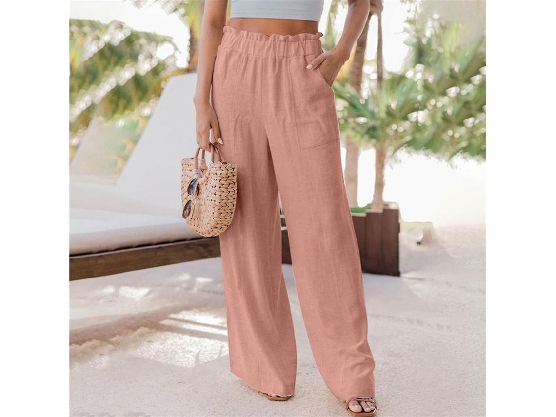 Fasst-pantalones Anchos Para Mujer Con Cintura Elástica Y Volantes Sueltos De Tela De Mezcla De Algodón