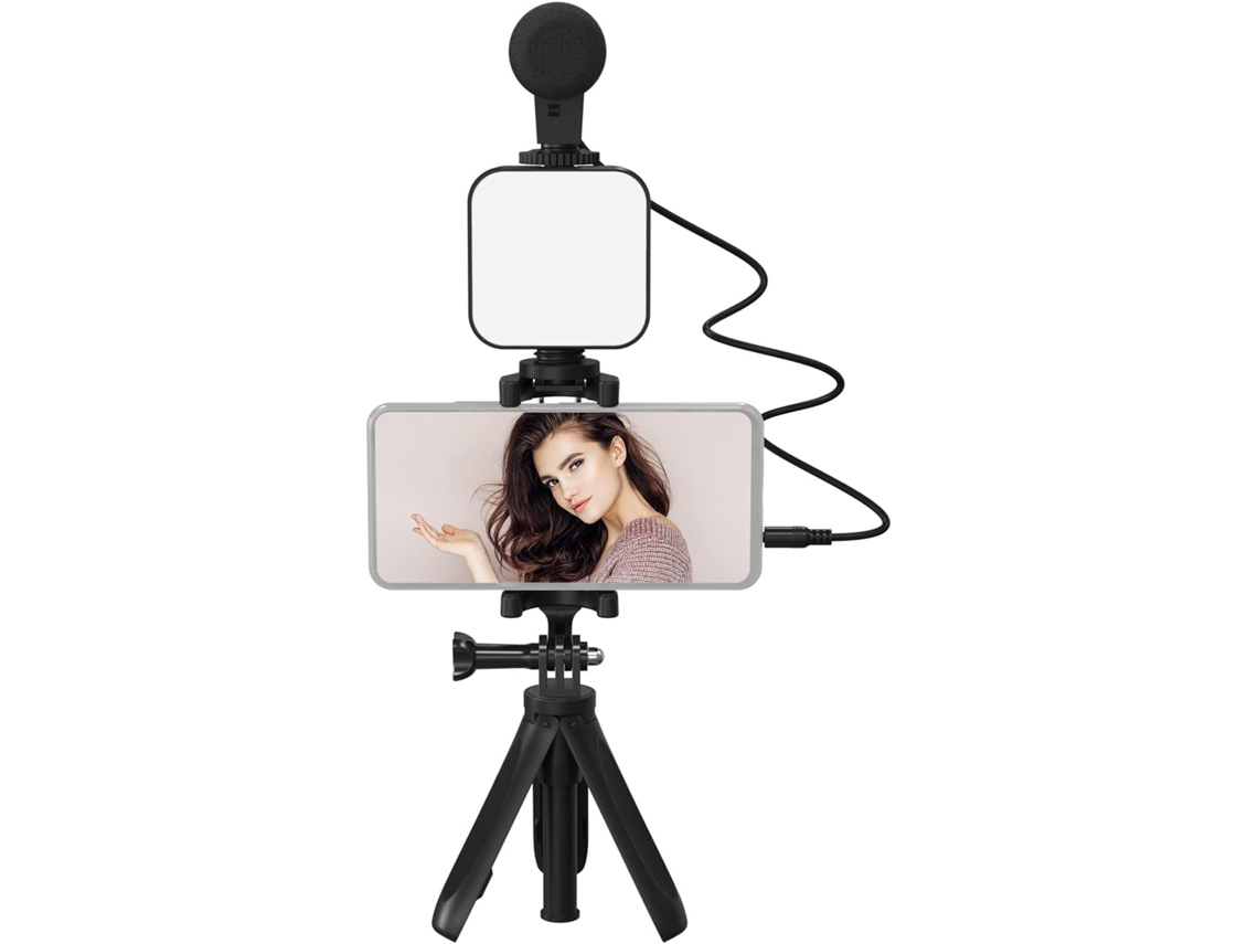 Kit Compacto Para Vlogging Con Smartphone Que Incluye Cámara, Teléfono, Luz Led, Abrazadera/soporte Y Cable De 3,5 Mm.