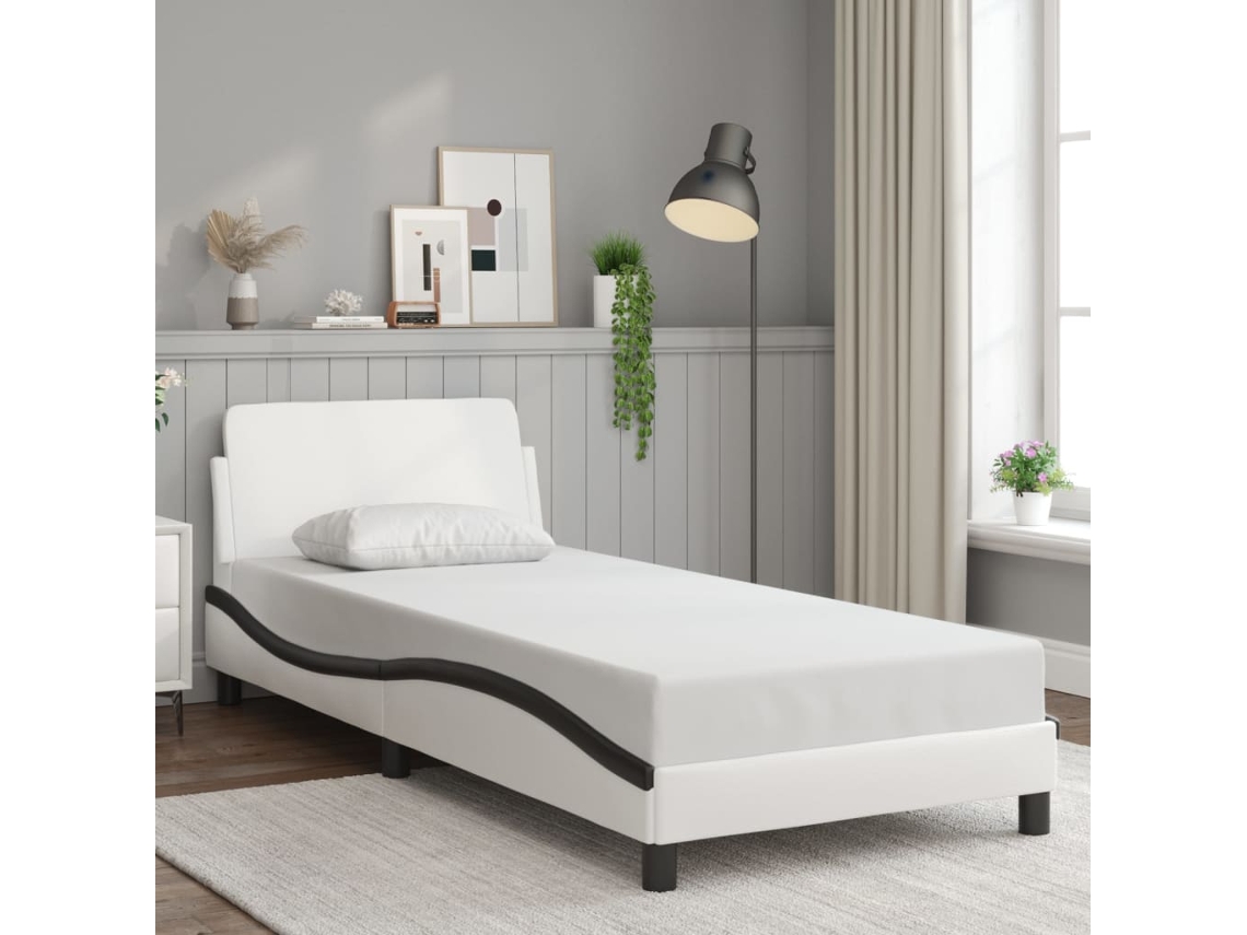 Cama Sin Colchón Cuero Sintético Blanco Negro 90x200 Cm