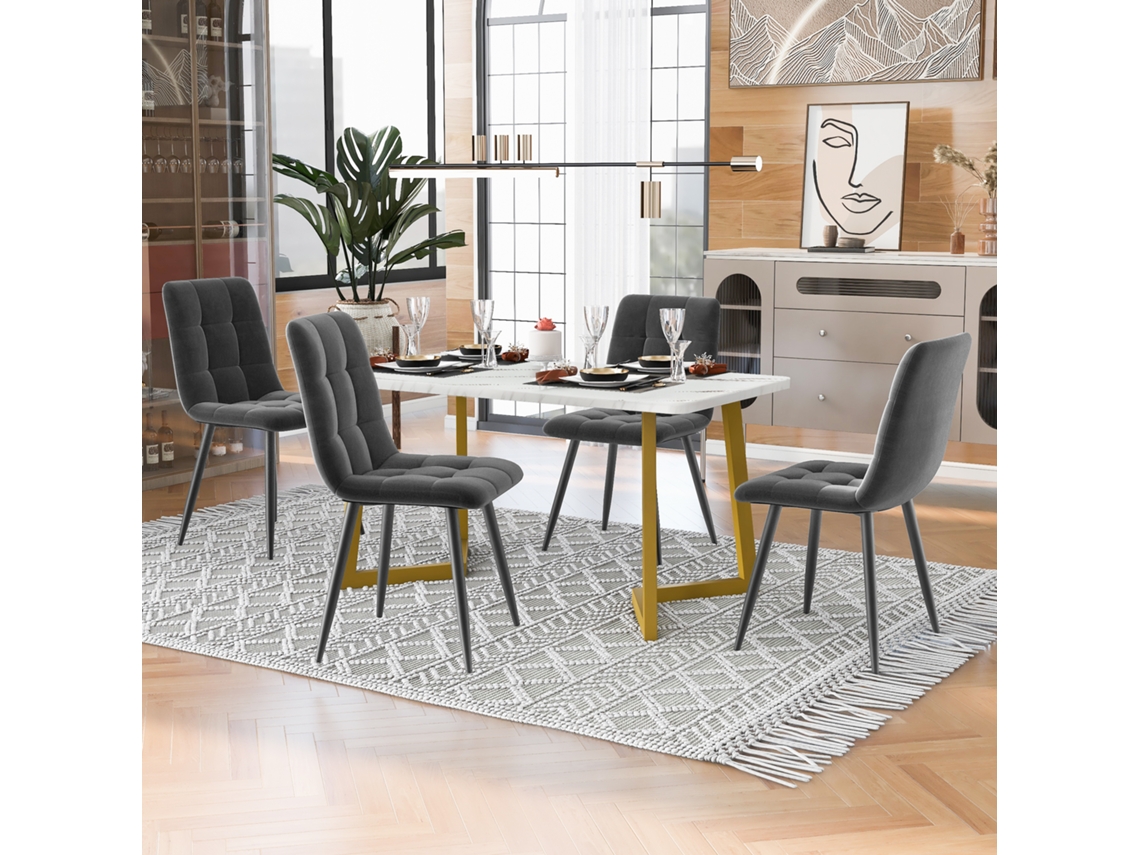 Conjunto Comedor 117cm - Mesa Rectangular Con 4 Sillas, Sillas De Terciopelo Gris, Patas Doradas