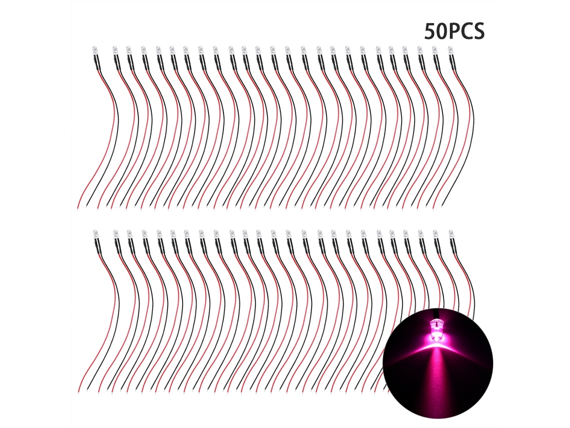 50 Piezas Diodos Led De 12v Pre Cableados 5mm Cabeza Redonda Luz Rosa Resaltada
