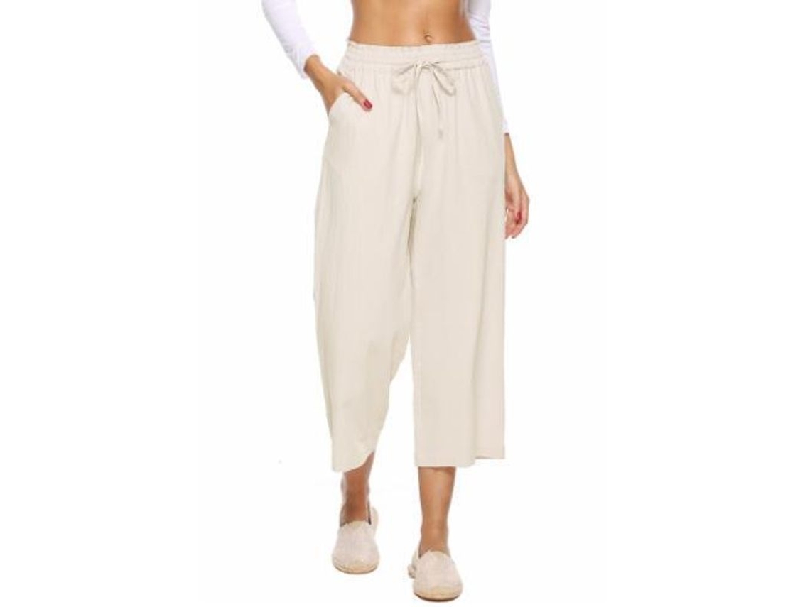 2026-pantalones De Lino Para Mujer De Cadera Alta De Pierna Ancha Con Cordón Y Bolsillos L Beige