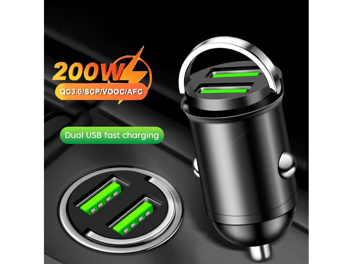Cargador USB dual para encendedor de cigarrillos, negro, 200 W, con carga rápida para iPhone QC3.0, mini cargador USB para coche para Xiaomi P