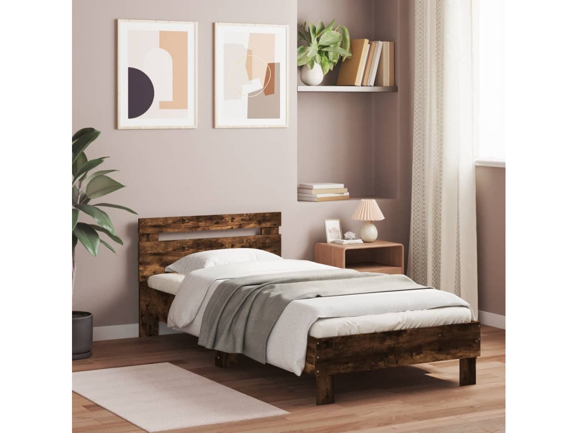 Cama Con Cabecero Madera De Ingeniería Roble Ahumado 90x200 Cm