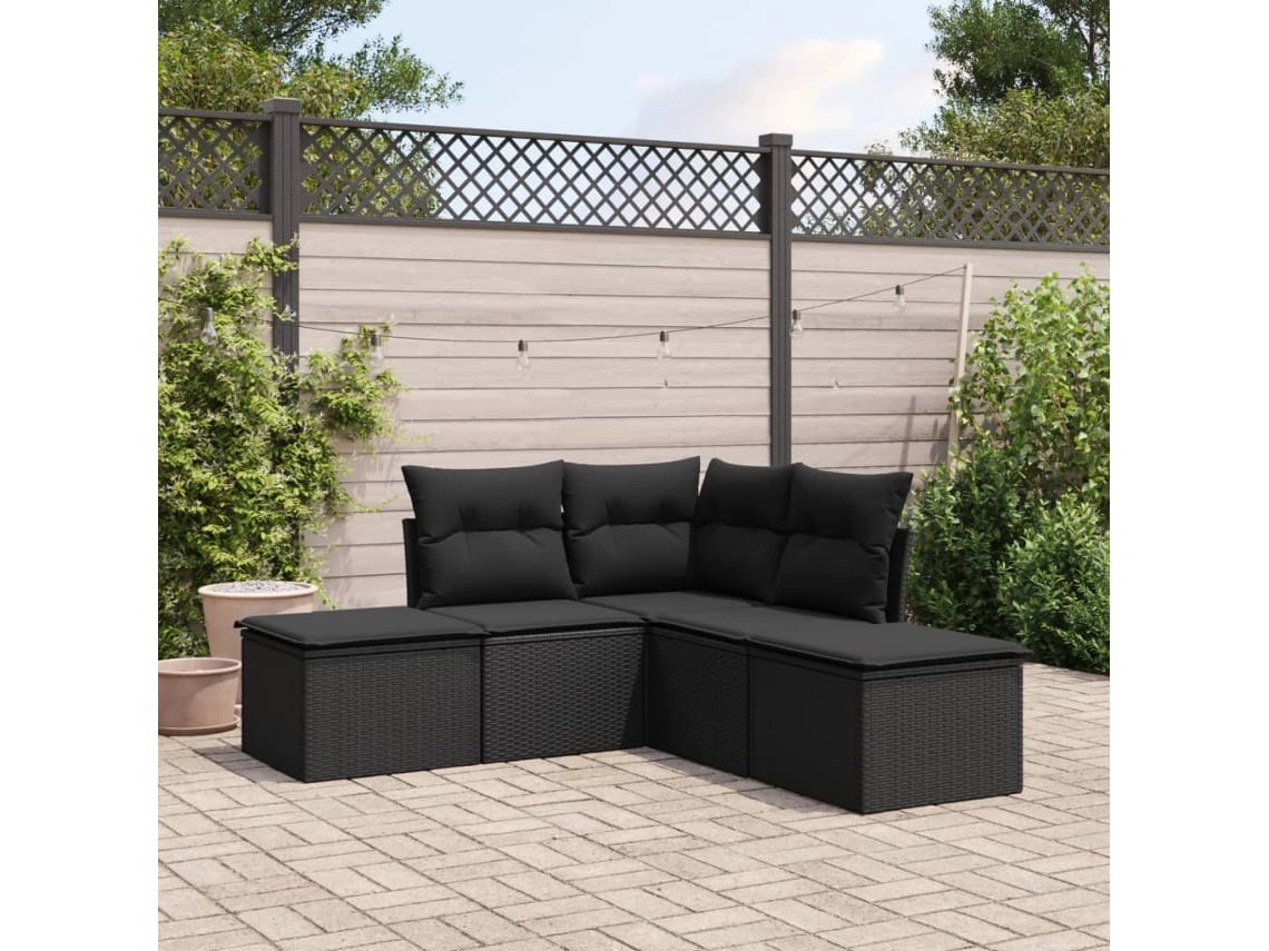 Conjunto de sofá de jardín de 5 piezas con cojines de mimbre sintético negro, Dkd Home Decor
