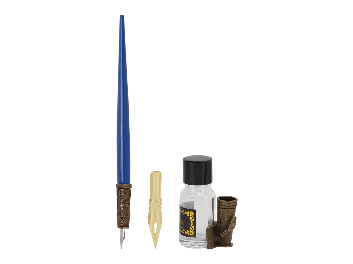 Set Pluma Pluma De Ave Retro Estuche Regalo Duradero Creativo Para Escritura Fácil Azul Zafiro