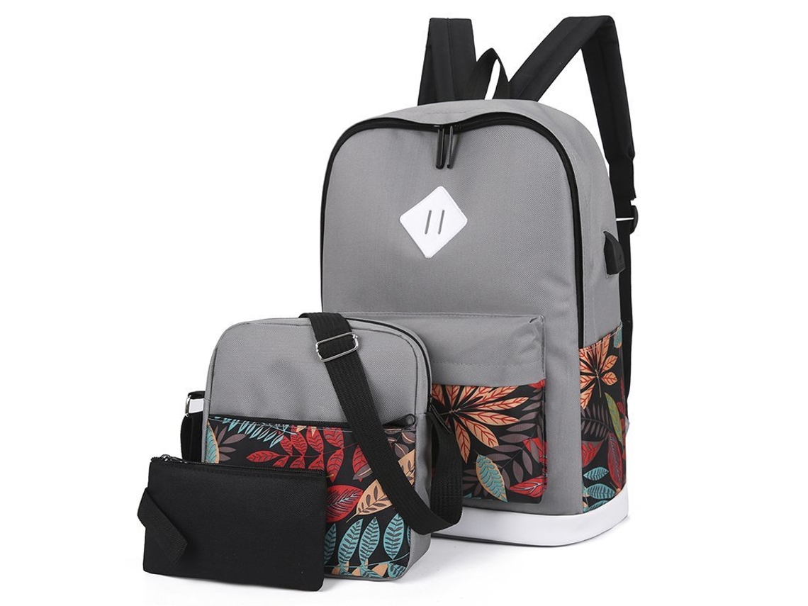 Mochila de tres piezas, mochila escolar, bolso bandolera para portátil, gris claro para negocios