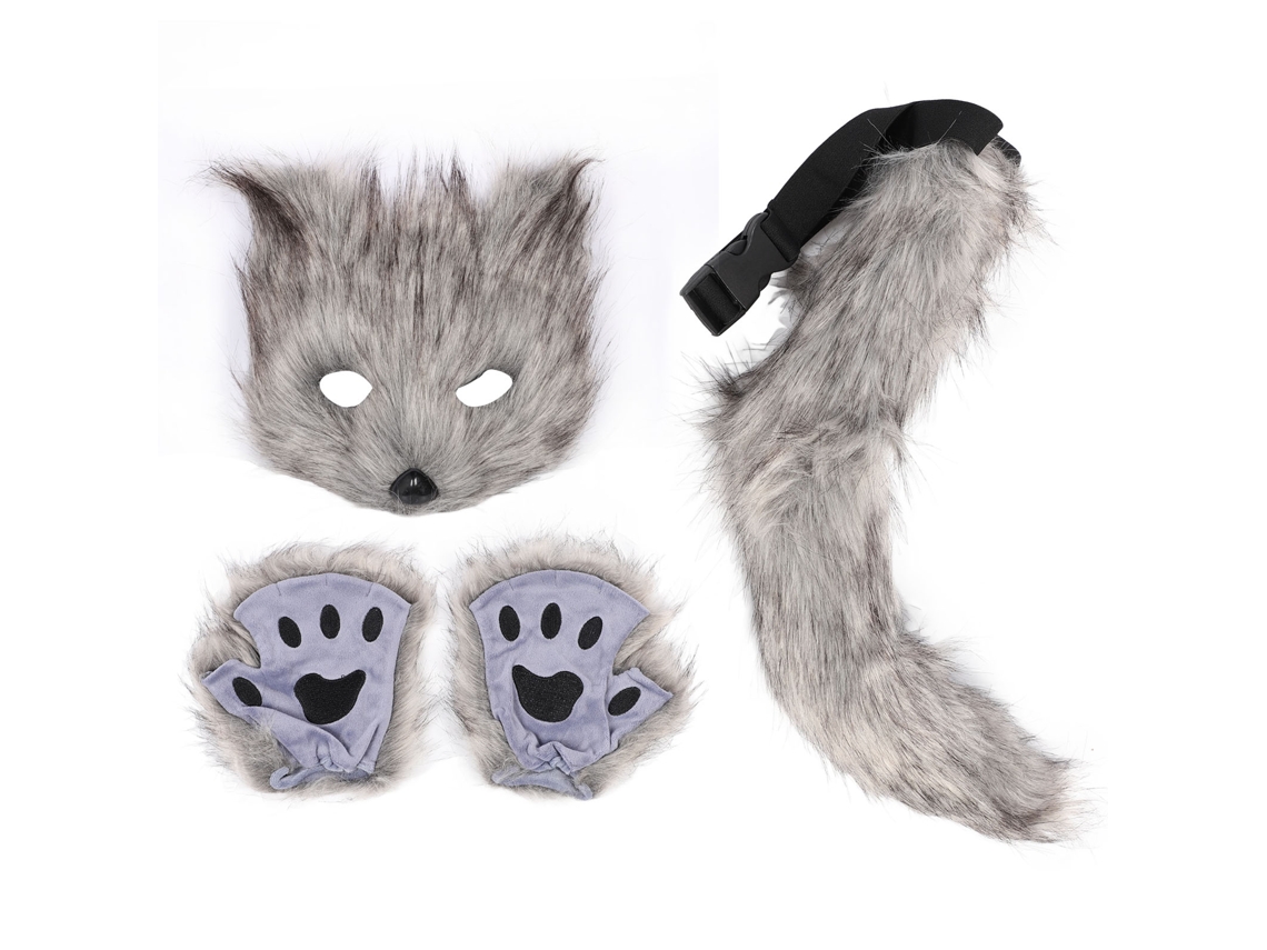 Conjunto De Disfraz De Zorro Con Máscara, Guantes Y Cola Peluda Suave Para Mujeres Y Niñas Color Gris Oscuro