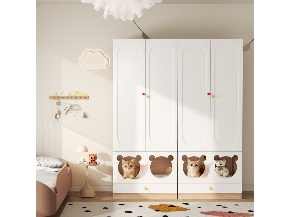 Armario infantil de 160x50x200 cm - 2 piezas, barra para colgar ropa, cama para gatos - Blanco+Natural