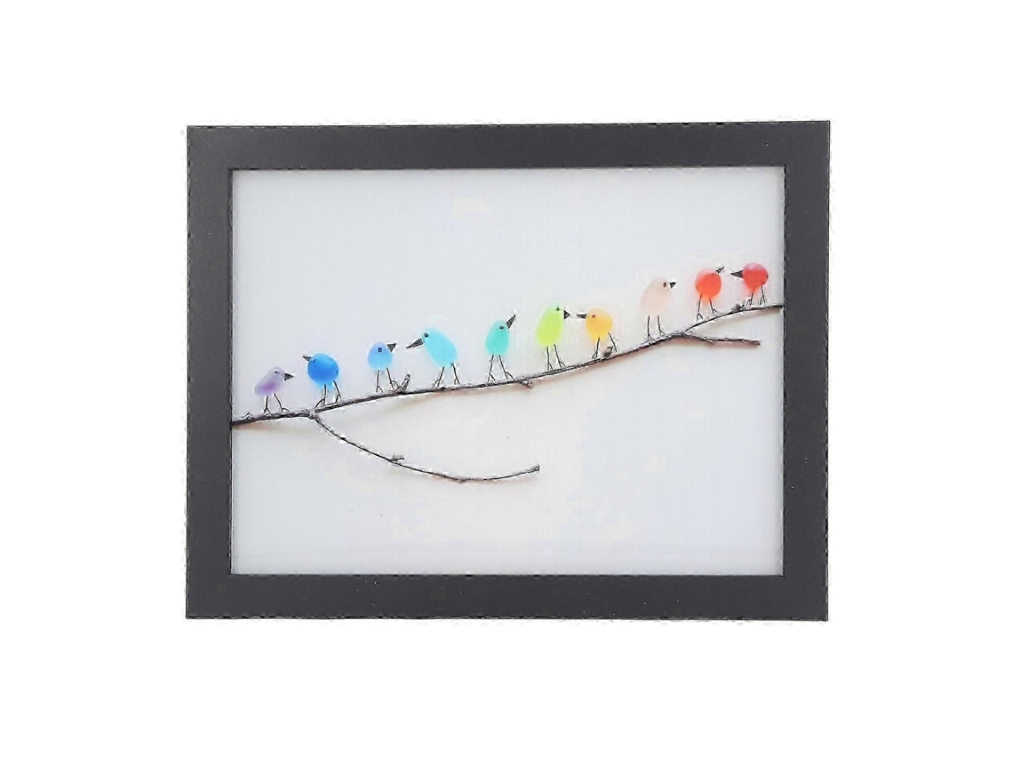 Adornos decorativos de vidrio marino con pájaros arcoíris y marco negro.