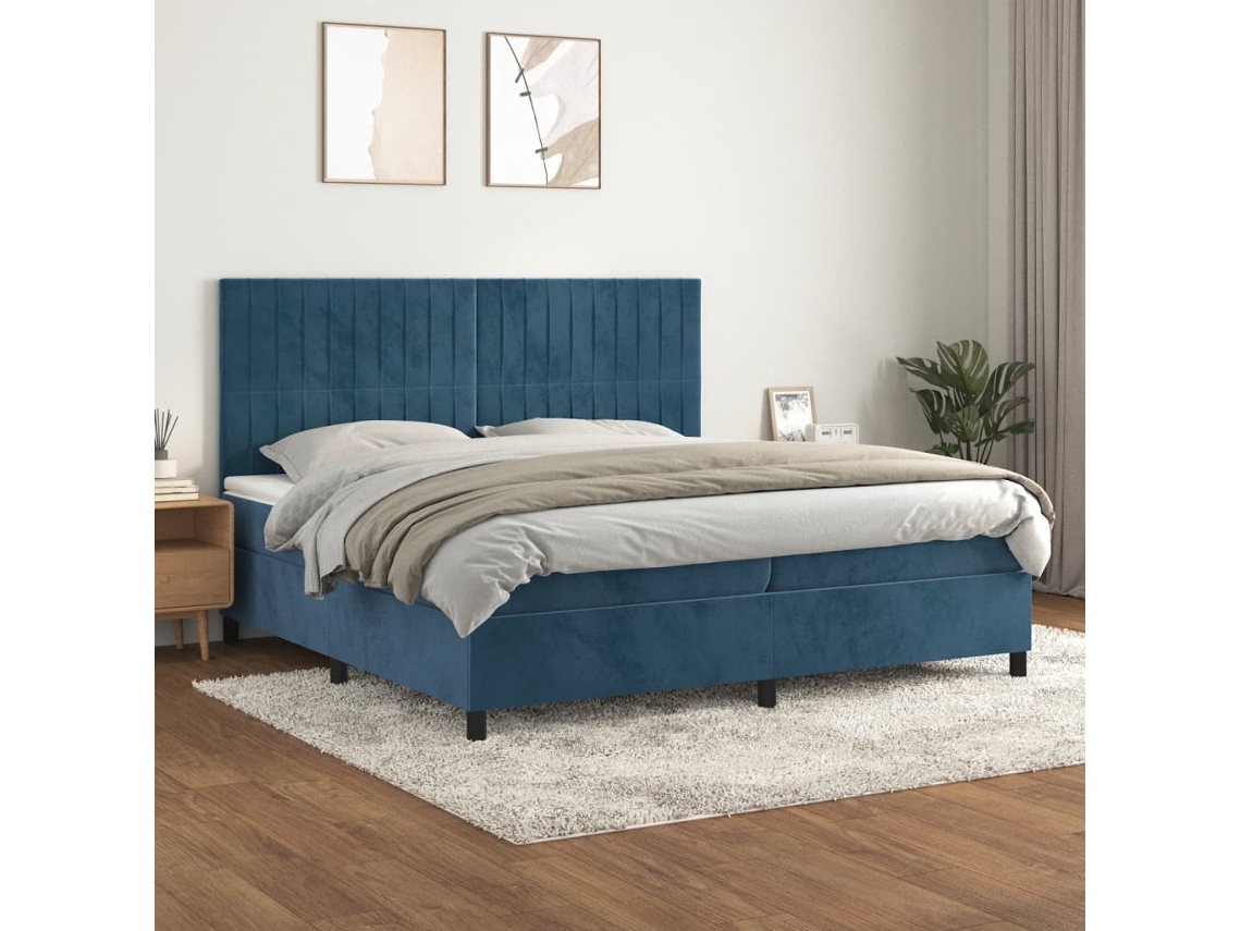 Cama Box Spring Con Colchón Terciopelo Azul Oscuro 200x200 Cm