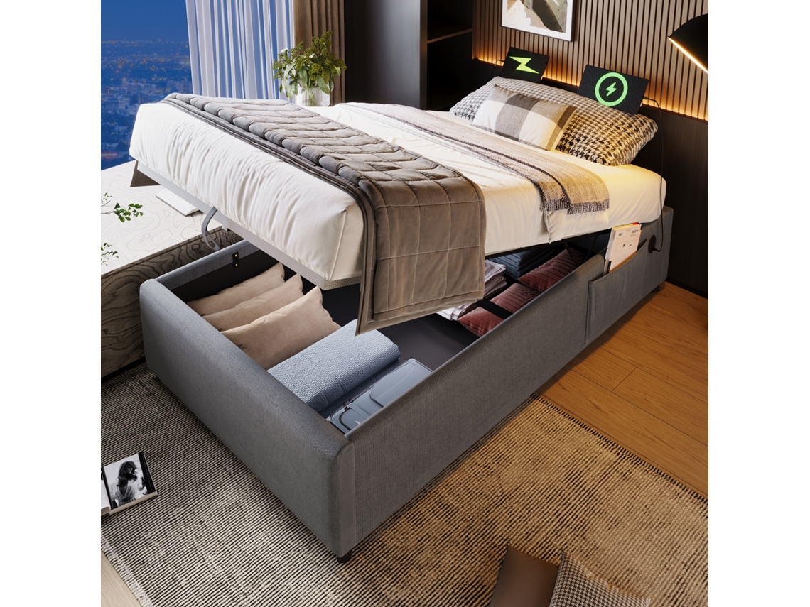 Cama Individual, Gris, 90x190 Cm, Usb-c, Somier De Láminas, Sin Cabecero.