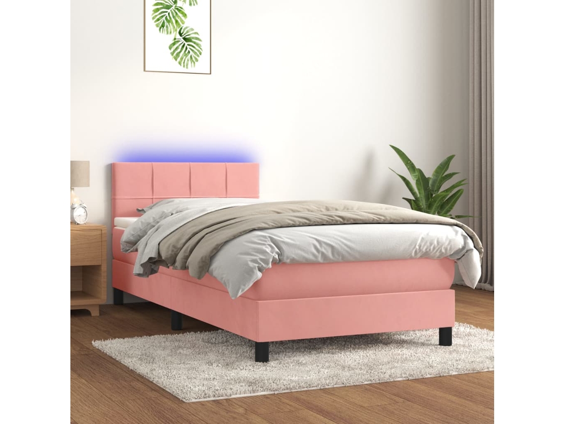 Cama Box Spring Colchón Y Led Terciopelo Rosa 100x200 Cm