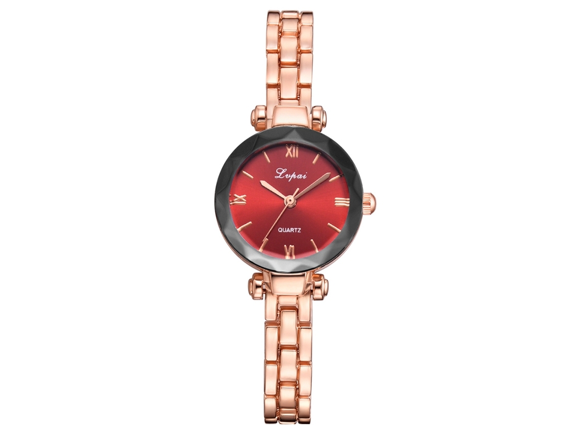 Reloj De Pulsera Retro Para Mujer Con Números Romanos, Brazalete De Aleación Y Movimiento De Cuarzo (oro Rosa + Rojo).