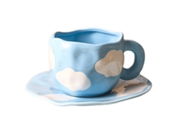 Taza de café estética, pintada a mano, japonesa, forma irregular, 320 ml, cerámica azul cielo, con asa ergonómica, para casa y oficina, lavable.
