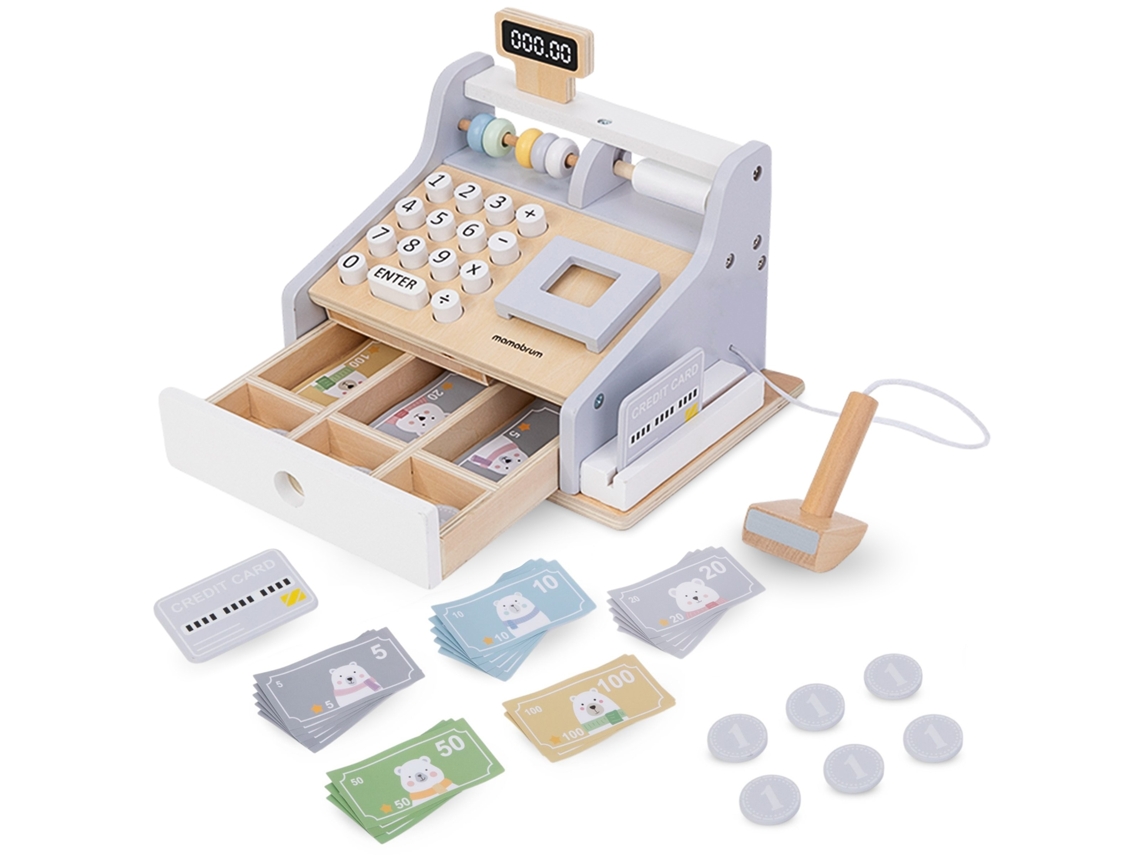 Caja Registradora de Madera Niños 3 Años Equipada con Teclado Digital Ábaco Escáner y Accesorios Caja Registradora MAMABRUM