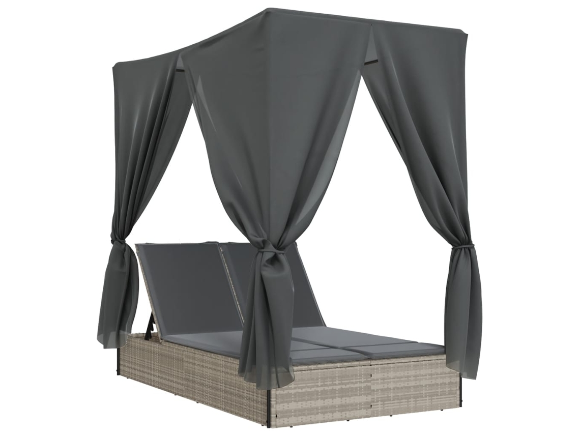 Tumbona doble con dosel y cortinas, gris claro, patas de mimbre, EXCLUSIVA MAISON