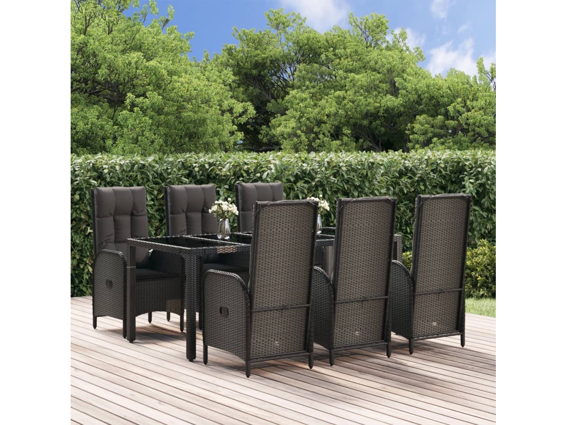 Juego de comedor de jardín de 7 piezas con cojines, mimbre negro/gris, DKD Home Decor