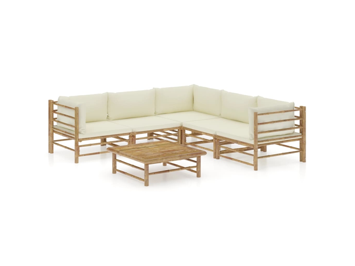 Conjunto de jardín de bambú de 6 piezas con cojines en blanco crema de DKD Home Decor