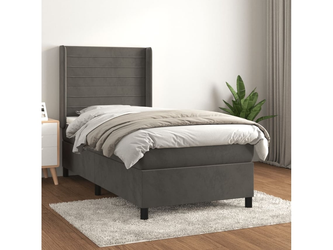 Cama Box Spring Con Colchón Terciopelo Gris Oscuro 100x200 Cm