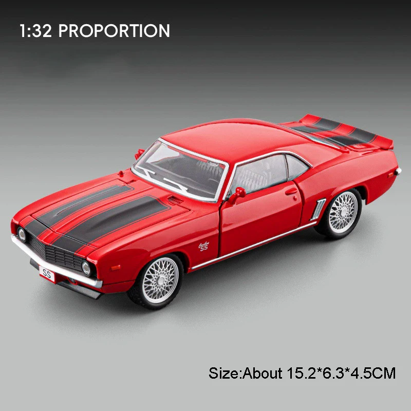 (Camaro SS rojo) Coche deportivo en miniatura a escala 1:32 con efectos de sonido y luz, puertas que se abren, modelo de aleación fundida a presión.