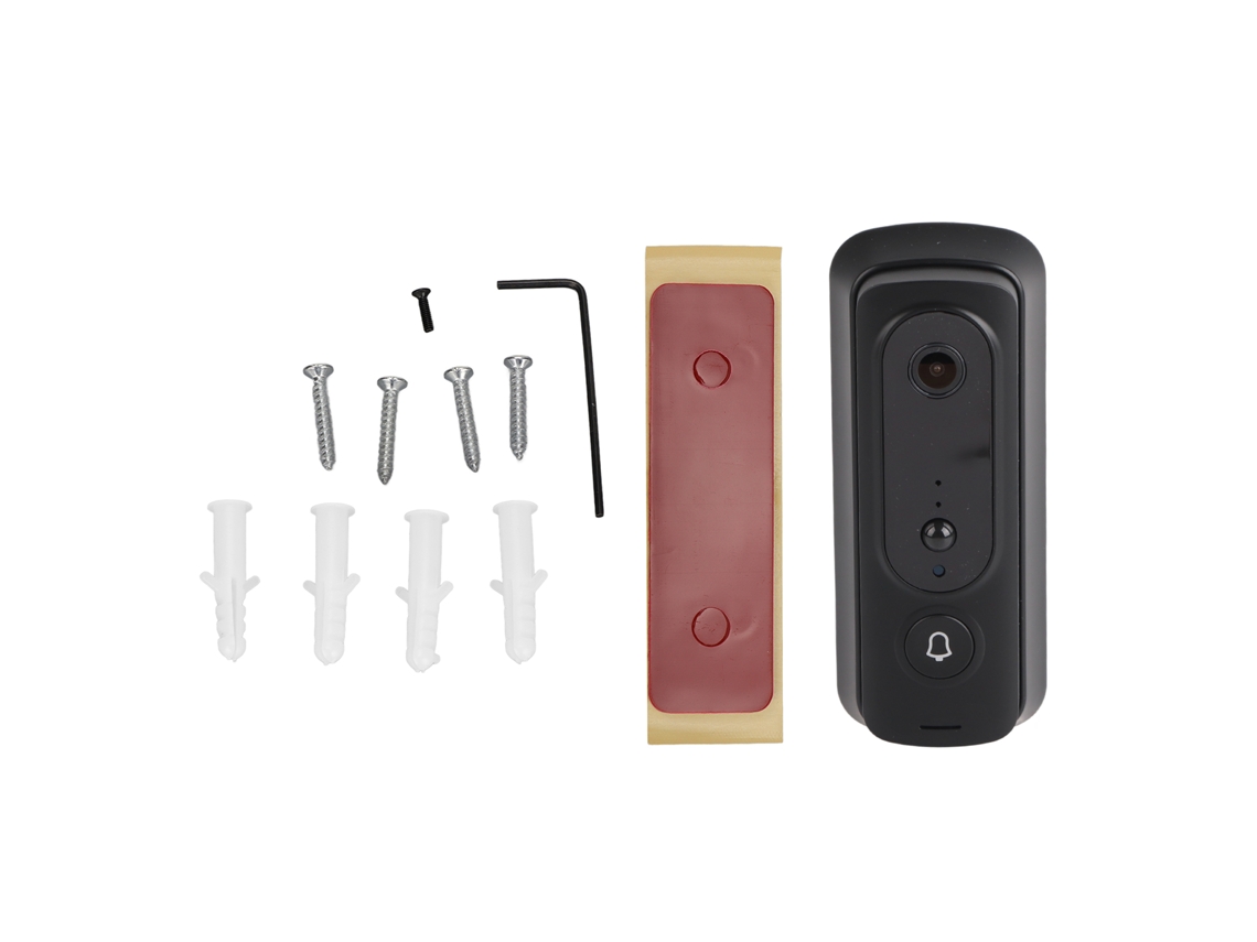 Timbre inalámbrico Danu con cámara, videovigilancia en tiempo real, sensor PIR para interiores, bajo consumo de energía, aplicación móvil, diseño en color negro.