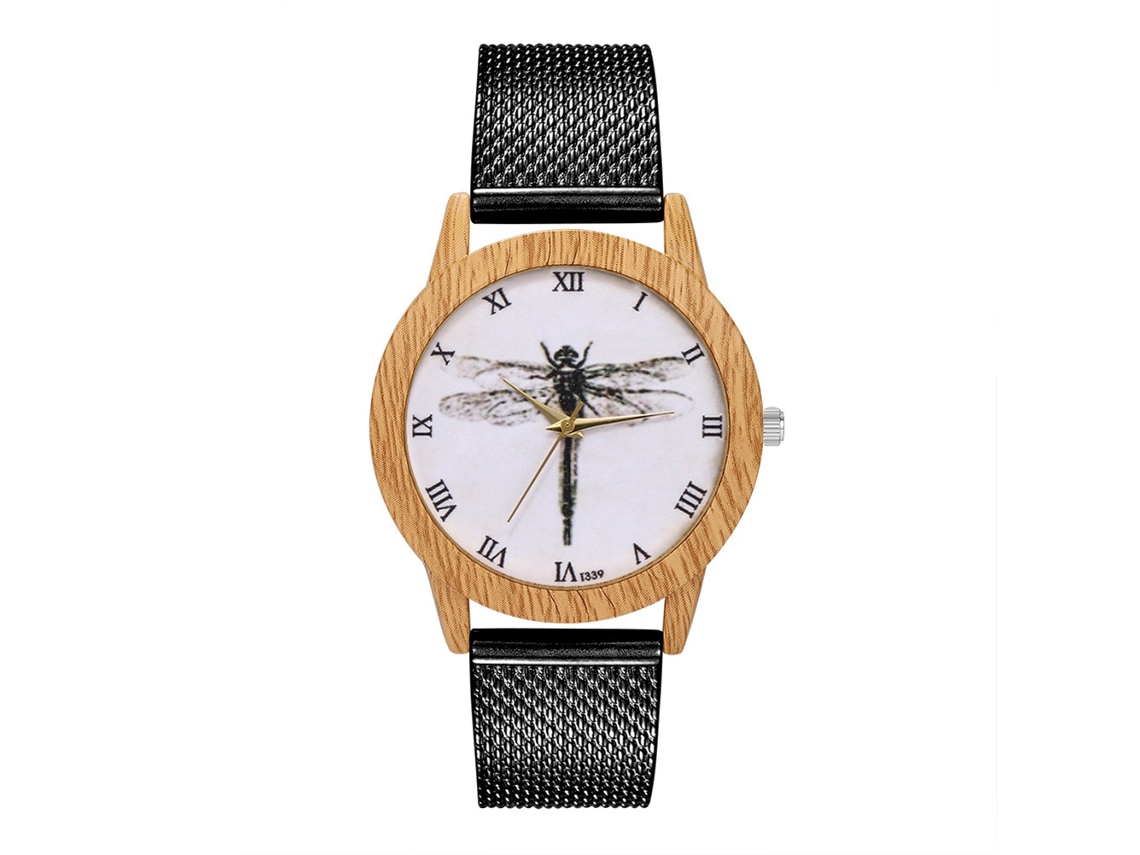 Reloj De Pulsera De Malla Con Diseño De Libélula Cuadro Redondo Para Mujer Negro