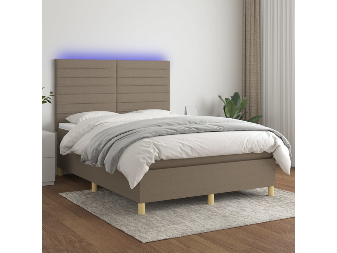 Cama Box Spring Colchón Y Luces Led Tela Gris Taupe 140x190 Cm