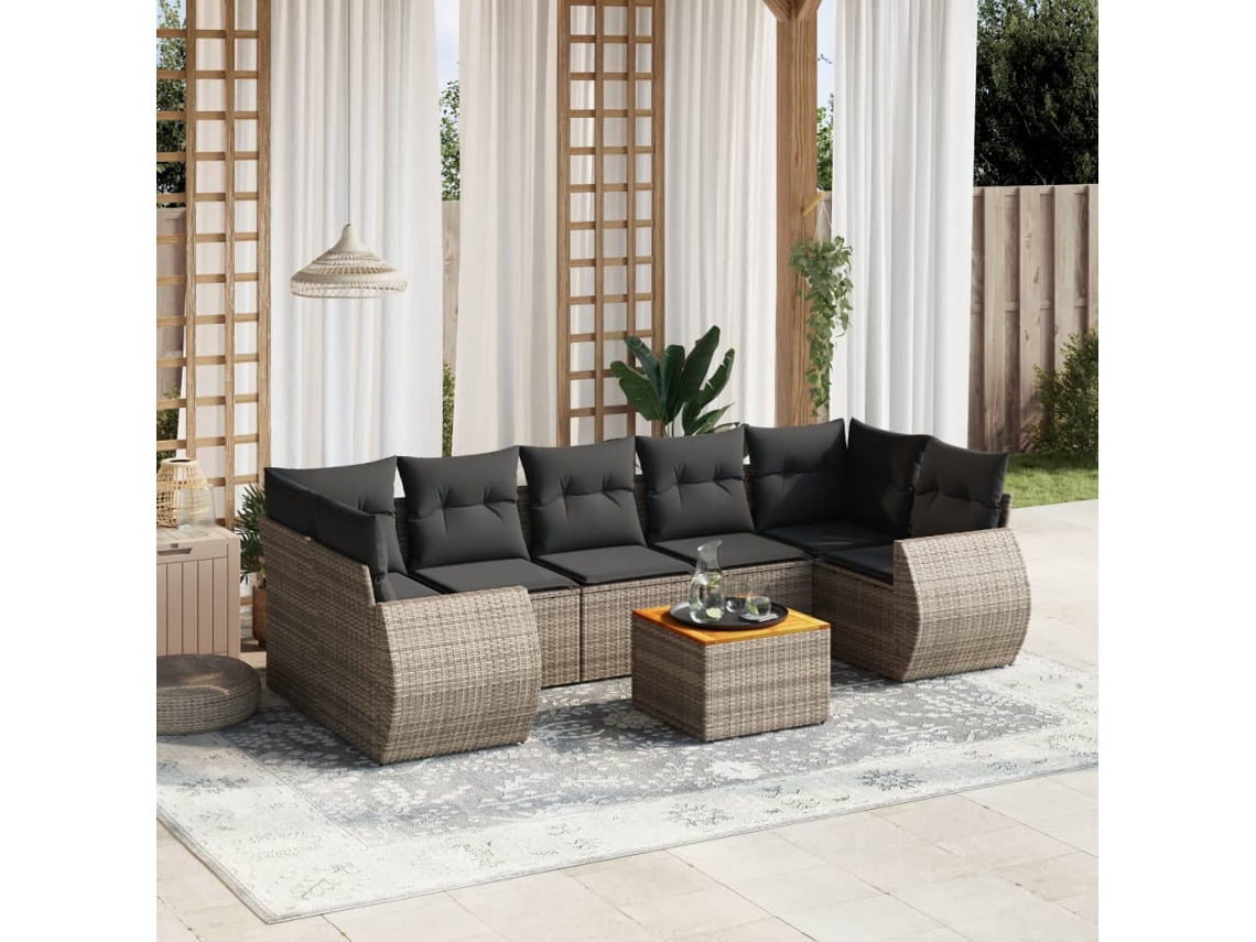 Conjunto de sofá de jardín de 8 piezas con cojines, ratán gris, DKD Home Decor