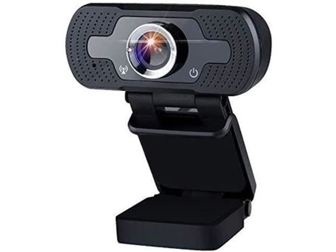 Webcam Full HD 1080p USB 0 com microfone embutido e cancelamento de ruído.