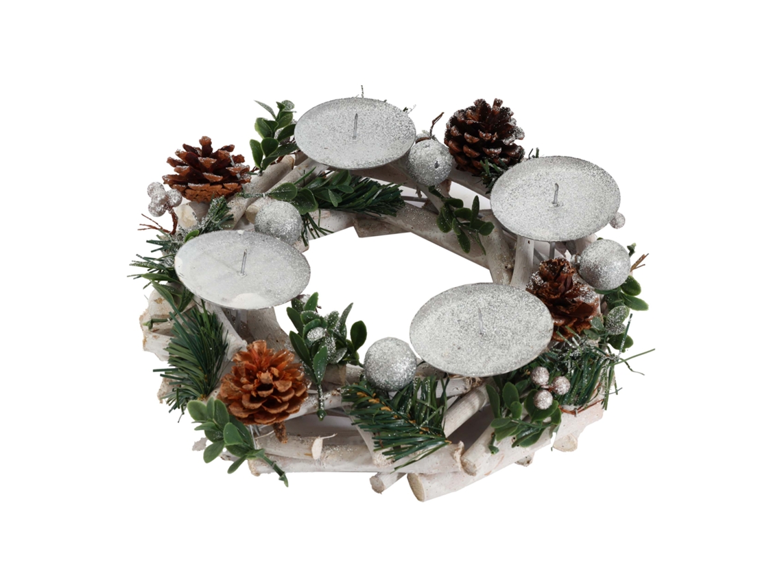 Couronne De Lavent Arreglo De Lavent Couronne De Table Decoración De Noël En Bois Argent Blanc Diamètre 30 Cm Sans Bougies 04_0006549 Décoshop26
