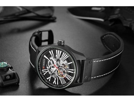 Reloj Automático para Hombre con Correa de Cuero Esfera Esquelética Reloj Resistente al Agua y a los Arañazos para Hombre Concha Negra Marrón VEANX...