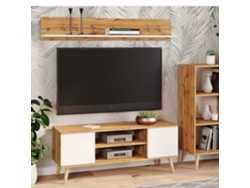 Mueble de Tv FOCUS en Roble Dorado Blanco Patas de Madera Estilo Escandinavo