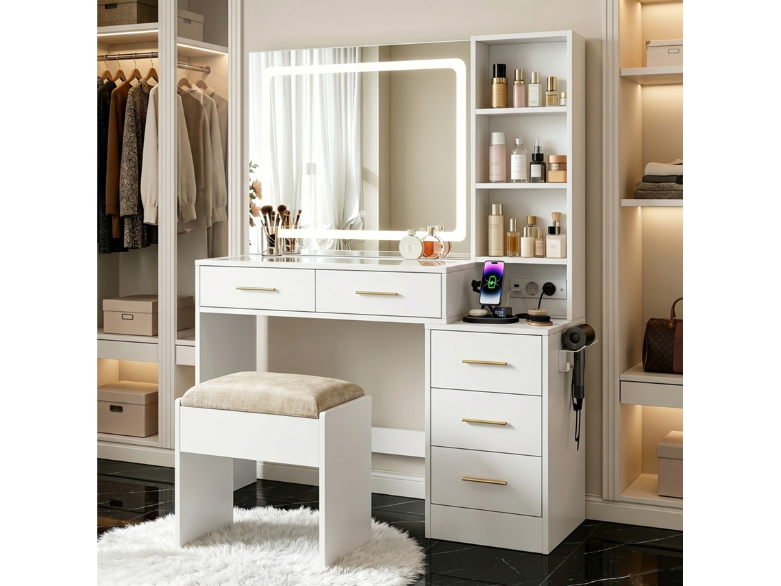 Tocador Con Espejo E Iluminación Led Y Taburete, Mesa De Maquillaje Con Enchufe Múltiple Integrado, Tocador Moderno Blanco Con 5 Cajones