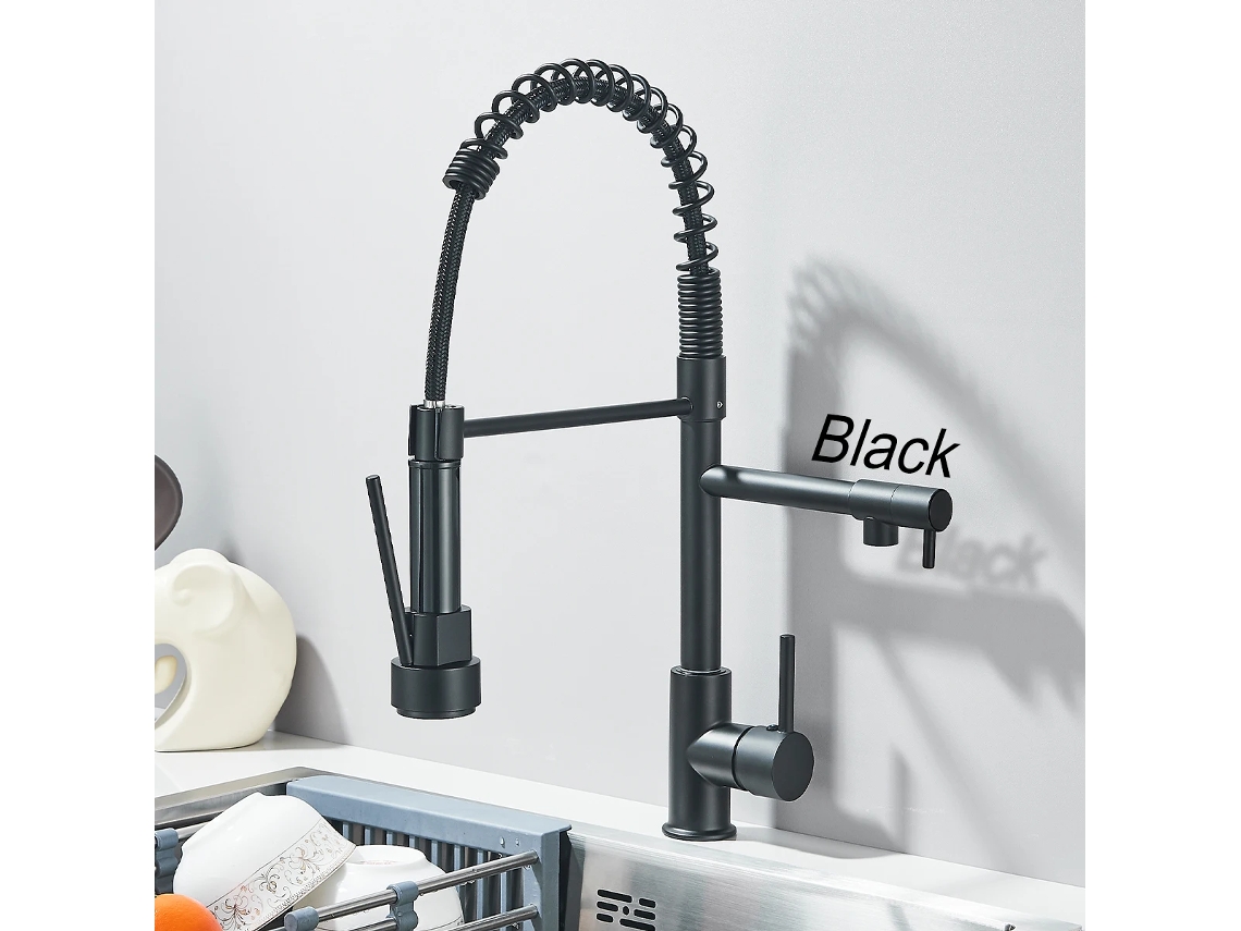 Grifo de cocina con dos caños, grifo giratorio 360° para fregadero, mezcla de agua fría y caliente.