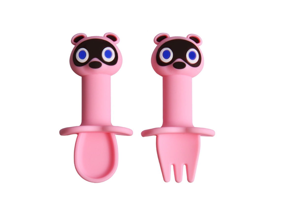 Talheres De Para Bebé, Colher E Garfo De Silicone Para Bebês, Com Anti-engasgo (rosa - Guaxinim) Spqment