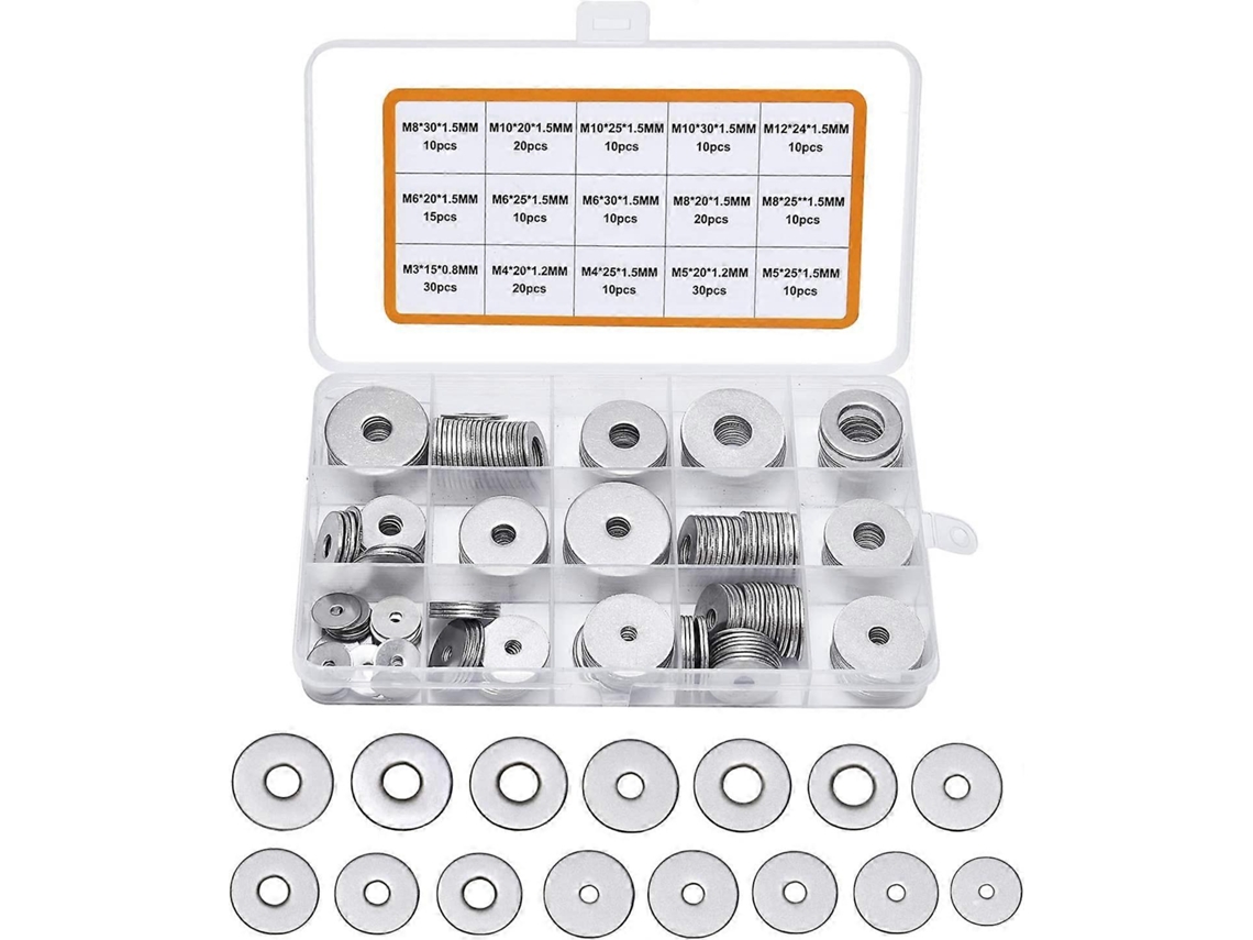 225 Piezas Arandelas Planas De Acero Inoxidable 304, Variedad M3 M4 M5 M6 M8 M10 M12 Con Caja (gris)