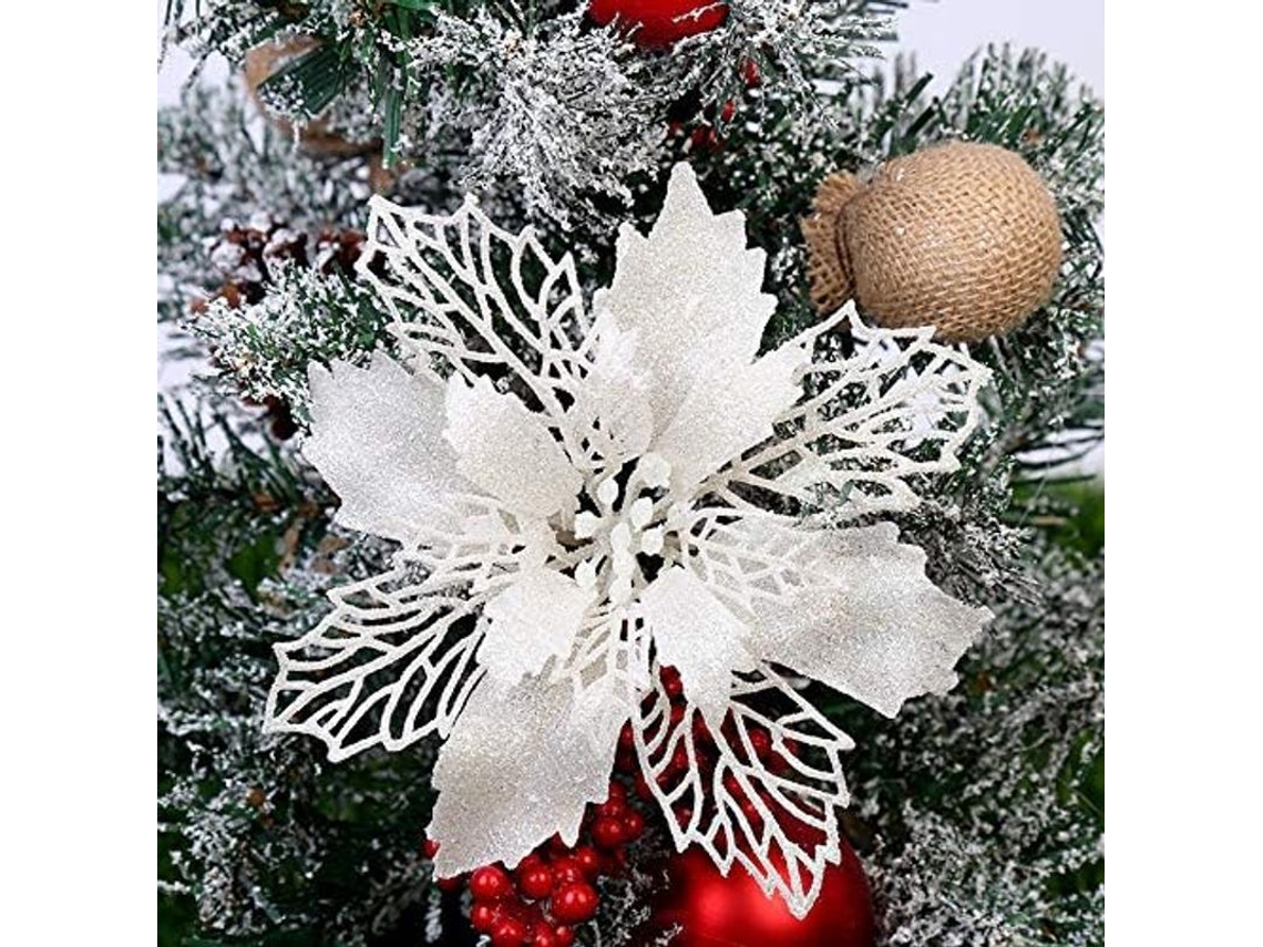 10 grandes flores de Nochebuena con purpurina para decorar árboles de Navidad y fiestas.