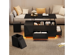 Mesa Centro 100x50x45 Elevable 4 En 1 Led 2 Cajones 2 Taburetes Almacenamiento Negro