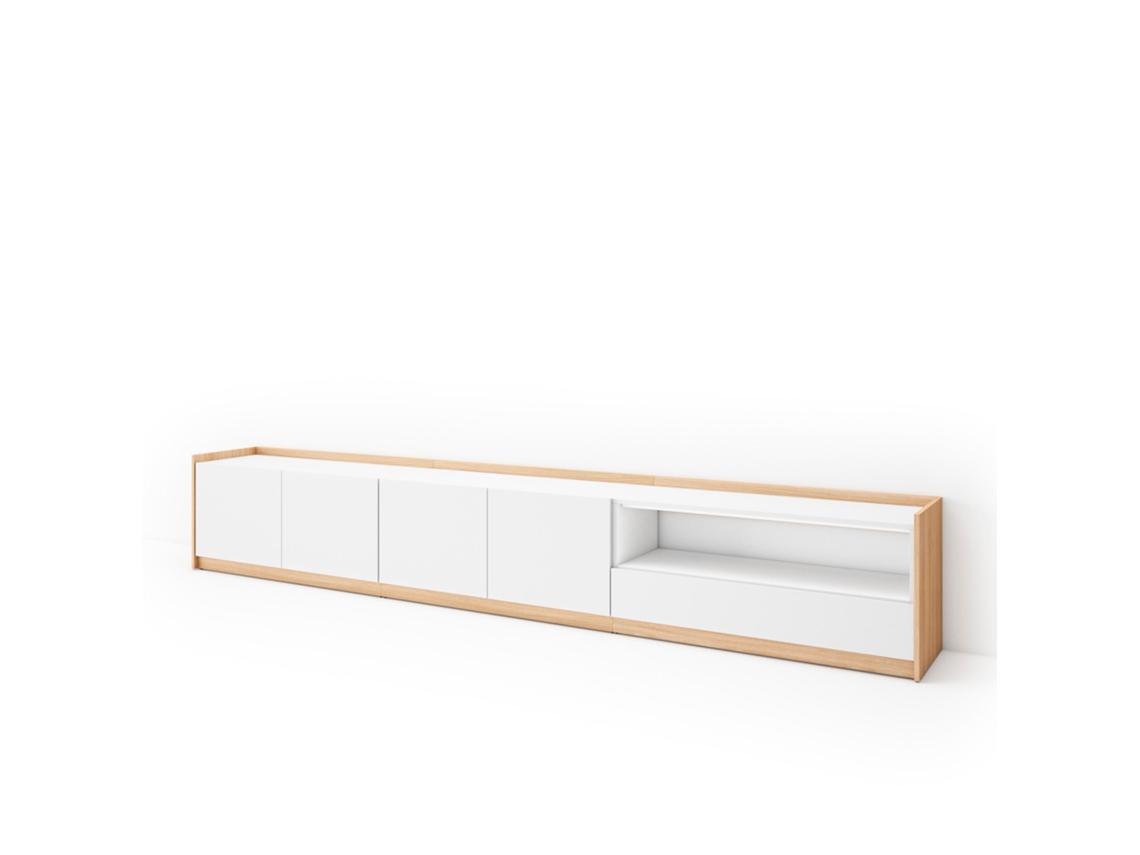Mueble para TV, 310x37x50cm, para televisores de hasta 80'', color blanco y roble claro.