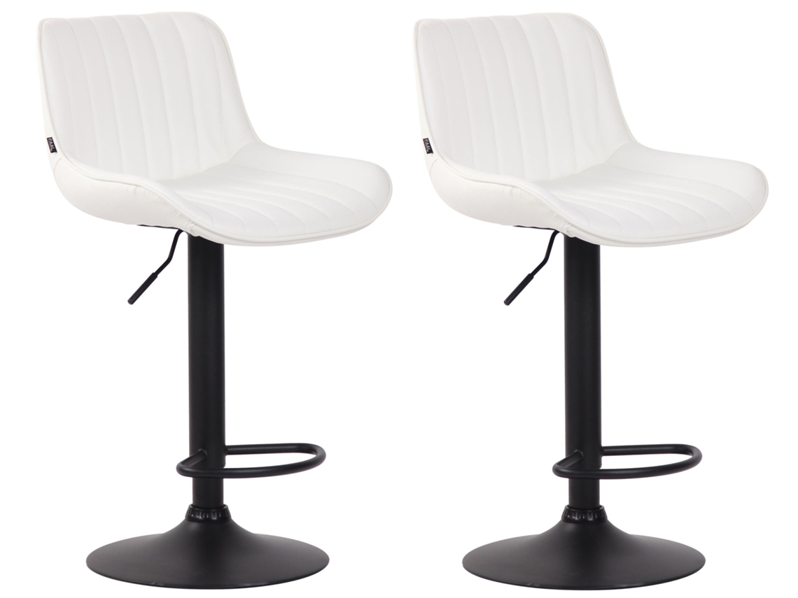 Juego de 2 taburetes altos de bar en PVC blanco con costuras verticales y estructura metálica negra 10_0004282