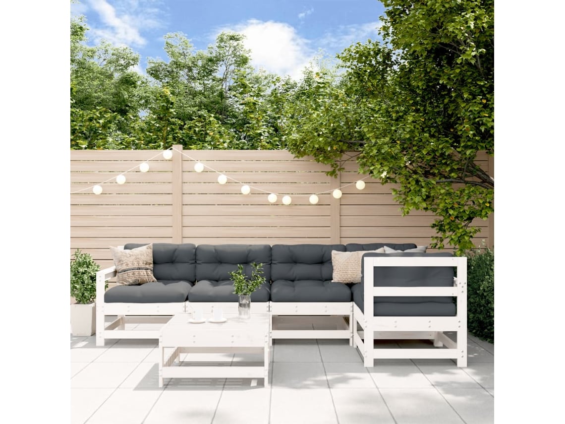 Conjunto de jardín de 6 piezas con cojines, madera maciza, blanco, DKD Home Decor