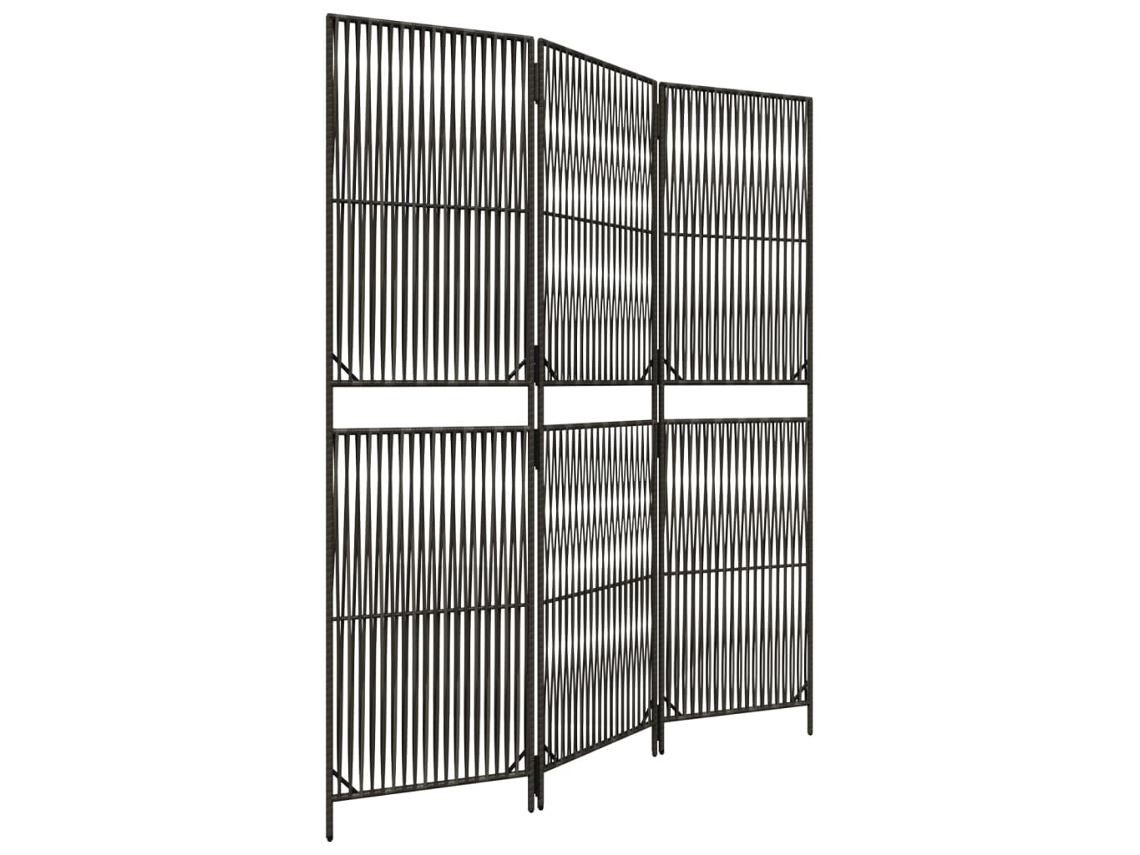 Biombo separador de ambientes, 3 paneles en resina tejida gris y acero Dec030769
